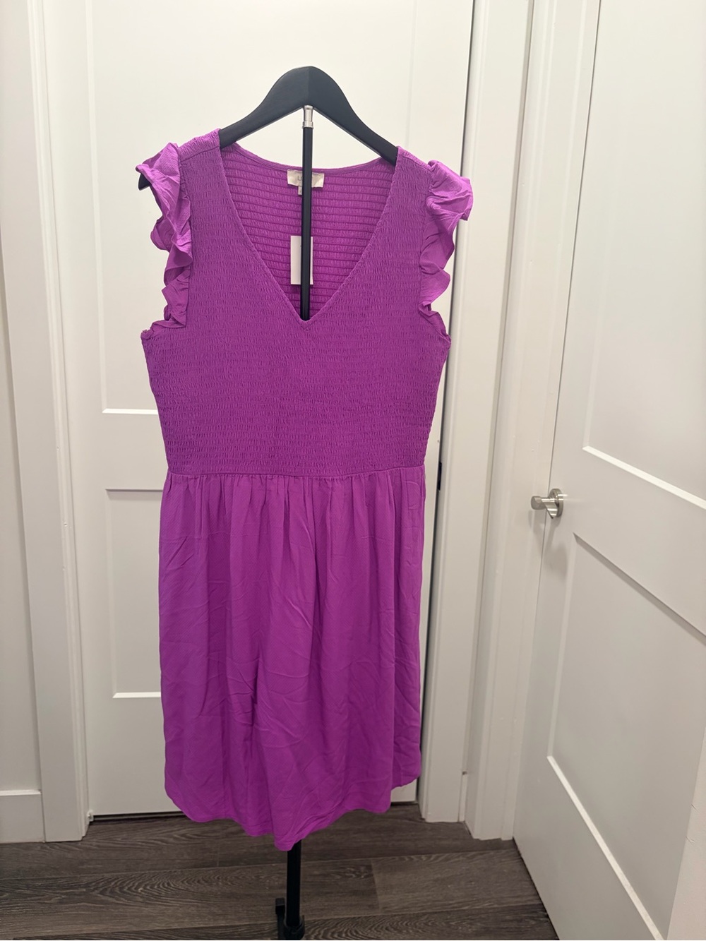 LOFT Purple V-Neck Smocked Midi Dress with Ruffle Sleeves